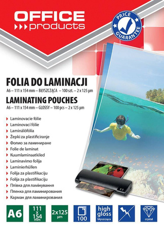 FOLIA DO LAMINOWANIA BŁYSZCZĄCA A6 OFFICE PRODUCTS 125MIC 100 SZT