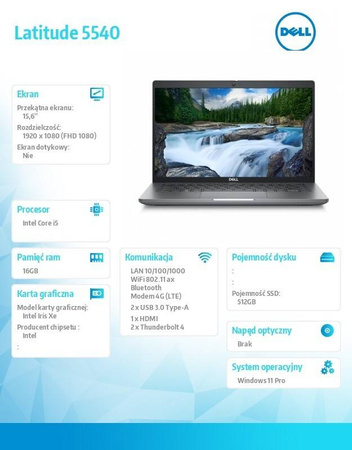 DELL NOTEBOOK LATITUDE 5440 WIN11PRO I5-1335U/16GB/512GB SSD/14.0 FHD/INTEGRATED/FGRPR&SMTCD/FHD/IR CAM/MIC/LTE 4G+BT/BACKLIT KB/3 CELL/3YPS