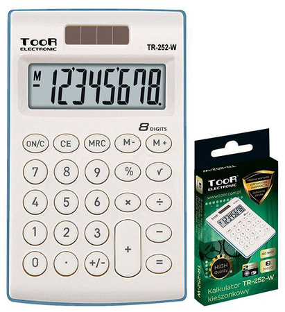 KALKULATOR KIESZONKOWY 8CYFR TOOR ELECTRONIC TR-252-W 120-1418 BIAŁY ZASILANIE SOLARNE + BATERIA 101X62X11MM