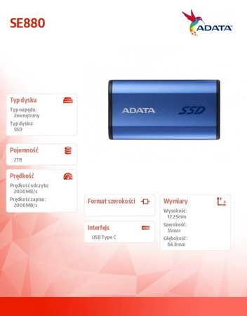 ADATA DYSK ZEWNĘTRZNY SSD SE880 2TB USB3.2A/C GEN2X2 NIEBIESKI