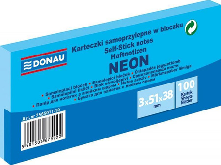 KARTECZKI SAMOPRZYLEPNE 38X51MM DONAU NEON NIEBIESKIE 3X100KART