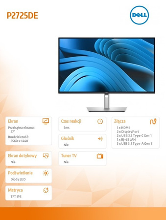 Dell Monitor 27 cali P2725DE IPS QHD LED/RJ45/HDMI/DP/USBC/3Y