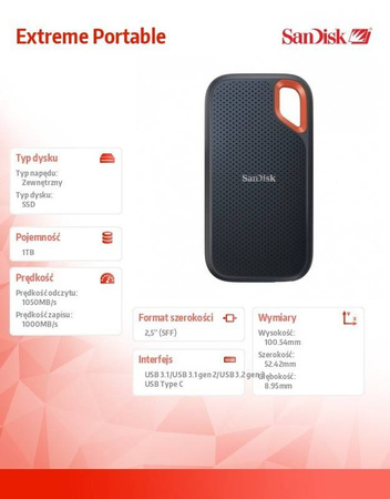 SANDISK DYSK SSD EXTREME PORTABLE 1TB USB 3.2 GEN 2 1050MB/S