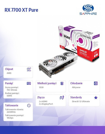 SAPPHIRE TECHNOLOGY KARTA GRAFICZNA RADEON RX 7700 XT PURE 12G GDDR6 192BIT 2DP/2HDMI