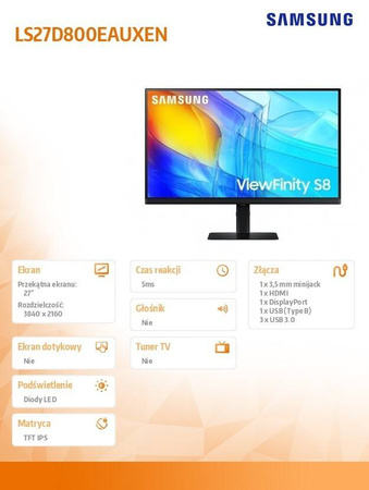 SAMSUNG MONITOR 27 CALI VIEWFINITY S80D IPS 3840X2160 UHD 16:9 1XHDMI 1XDP 3XUSB 3.0 5MS PINP/PBYP 60HZ HAS+PIVOT PŁASKI 3YON-SITE