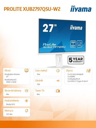 IIYAMA MONITOR 27 CALI XUB2797QSU-W2,IPS,HDMI,DP,100HZ,QHD,300CD,(5Y)