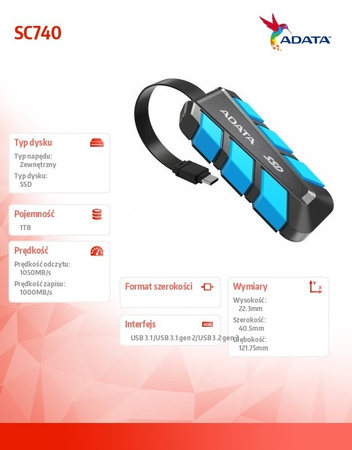 ADATA DYSK ZEWNĘTRZNY SSD SC740 1TB U3.2C 1050/1000 MB/S NIEBIESKI
