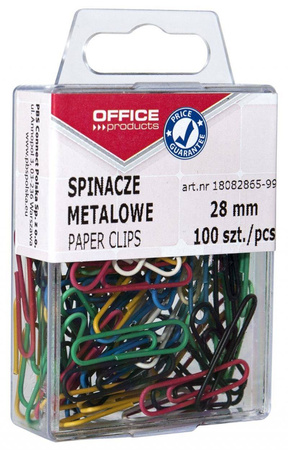 SPINACZE OKRĄGŁE 28MM OFFICE PRODUCTS MIX KOLORÓW METALOWE POWLEKANE W ZAWIESZANYM POJEMNIKU PLASTIKOWYM 100SZT.