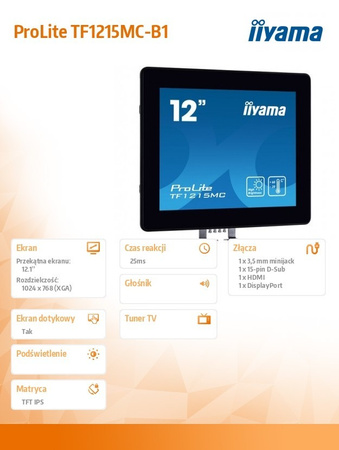 IIYAMA MONITOR TF1215MC-B1 12CALI IPS, HDMI, DP, VGA, IP65, POJ.10PKT, 450CD/M2