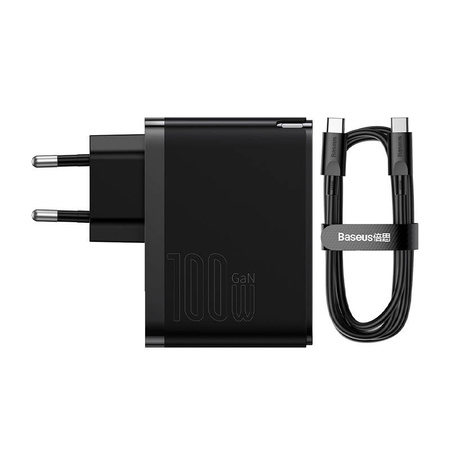 ŁADOWARKA SIECIOWA BASEUS GAN5 PRO, USB-C + USB, 100W + KABEL (CZARNA)