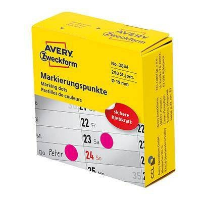 Etykiety samoprzylepne 19mm kółka do zaznaczania AVERY ZWECKFORM w dyspenserze, trwałe 3854 różowe 250 szt