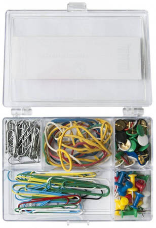 ZESTAW BIUROWY PINEZKI, GUMKI, SPINACZE OFFICE PRODUCTS MIX W PLASTIKOWYM POJEMNIKU 110SZT