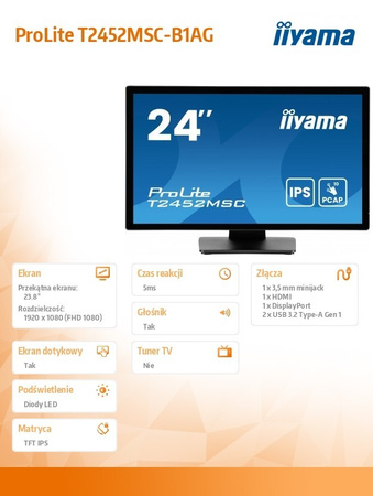 IIYAMA MONITOR 24 CALE T2452MSC-B1AG 10 PKT. POJ,IPS,HDMI,DP,2X1W,7H,2XUSB, 400CD/M2,AG-(ANTI GLARE)