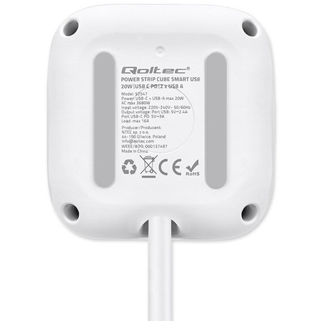 QOLTEC KOSTKA ZASILAJĄCA PRZEDŁUŻACZ 6W1 Z PODŚWIETLANYM WŁĄCZNIKIEM |  3X AC | 2X USB | 1X USB-C PD 20W | BIAŁA | KABEL 2M