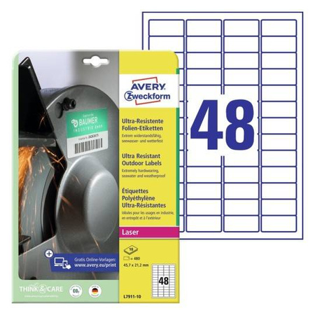 ETYKIETY SAMOPRZYLEPNE 45.7X21.2MM DO UŻYTKU ZEWNĘTRZNEGO AVERY ZWECKFORM ULTRA RESISTANT L7911-10 BIAŁE 10ARK*48SZT