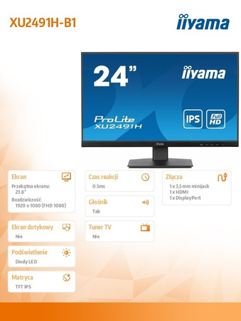 IIYAMA MONITOR 24 CALE XU2491H-B1 IPS, HDMI, DP, 0,5MS, 300CD