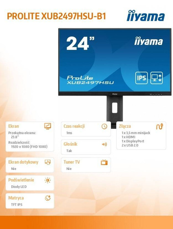 IIYAMA MONITOR 24 CALE XUB2497HSU-B1 IPS.HDMI.DP.2X2W.2XUSB(2.0).HAS(150MM). 250CD.1MS.100HZ
