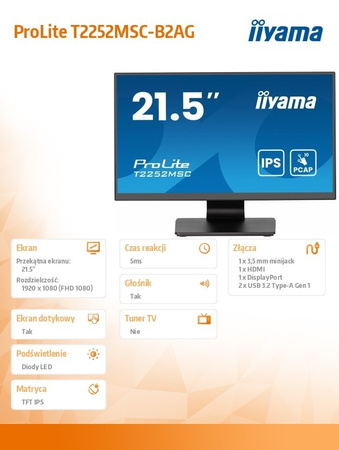 IIYAMA MONITOR 22 CALE T2252MSC-B2AG 10 PKT. POJ,IPS,HDMI,DP,2X1W,7H,2XUSB, AG-(ANTI GLARE)