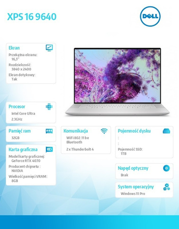 DELL NOTEBOOK XPS 16 9640 WIN11PRO ULTRA 9 185H/32GB/1TB SSD/16.3 OLED UHD+ TOUCH/GEFORCE RTX 4070/WLAN + BT/BACKLIT KB/6 CELL/3Y BASIC