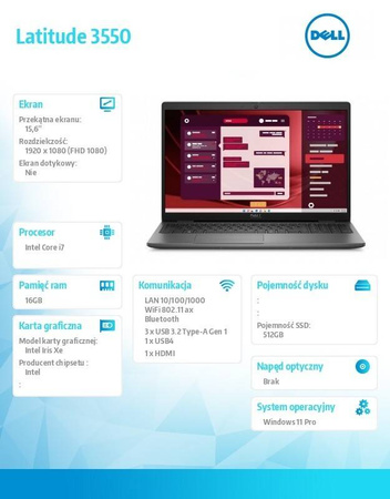 DELL NOTEBOOK LATITUDE 3550 WIN11PRO I7-1355U/16GB/512GB SSD GEN4/15.6 FHD/INTEGRATED/FGRPR/FHD/IR CAM/MIC/WLAN + BT/BACKLIT KB/3 CELL/3YPS