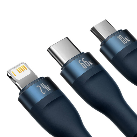 KABEL USB 3W1 BASEUS FLASH SERIES, USB-C + MICRO USB + LIGHTNING, 66W, 1.2M (NIEBIESKI)