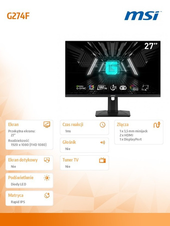 MSI MONITOR 27 CALI G274F LED/FHD/FLAT/180HZ/CZARNY