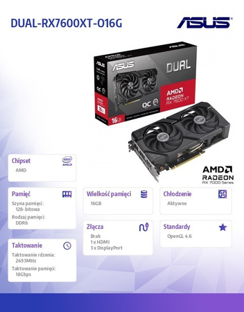 ASUS KARTA GRAFICZNA RX 7600XT DUAL OC 16GB GDDR6 128BIT 3DP HDMI
