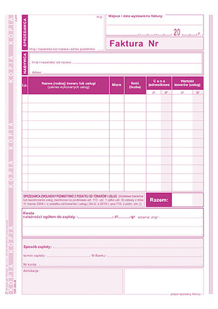DRUK AKCYDENSOWY FA FAKTURA DLA PODATNIKÓW ZWOLNIONYCH PODMIOTOWO Z PODATKU OD TOWARÓW I USŁUG A5 MICHALCZYK I PROKOP ORYGINAŁ + KOPIA 80 KART. 