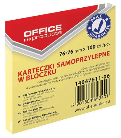 KARTECZKI SAMOPRZYLEPNE 76X76MM OFFICE PRODUCTS PASTELOWE JASNO ŻÓŁTE 100KART