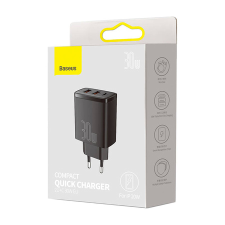 ŁADOWARKA SIECIOWA BASEUS COMPACT QUICK CHARGER, 2XUSB, USB-C, PD, 3A, 30W (CZARNA)