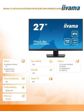 IIYAMA MONITOR 27 CALI PROLITE XU2793QSU-B6 IPS,QHD,100HZ,HDMI,DP,2X2W,2XUSB(3.2), FREESYNC
