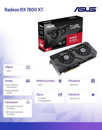 Asus Karta graficzna Dual Radeon RX 7800 XT OC Edition 16GB GDDR6DUAL-RX7800XT-O16G