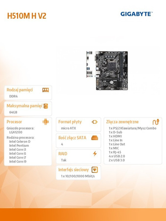 GIGABYTE PŁYTA GŁÓWNA H510M H V2 S1200 2DDR4 HDMI/D-SUB M.2 MATX