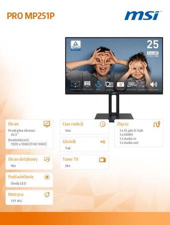 MSI MONITOR PRO MP251P 24.5 CALA/LED/FHD/FLAT/100HZ/CZARNY