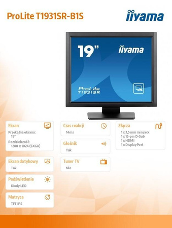 IIYAMA MONITOR 19 CALI T1931SR-B1S RESIS.IP54,HDMI,DP,VGA,2X1W,5:4