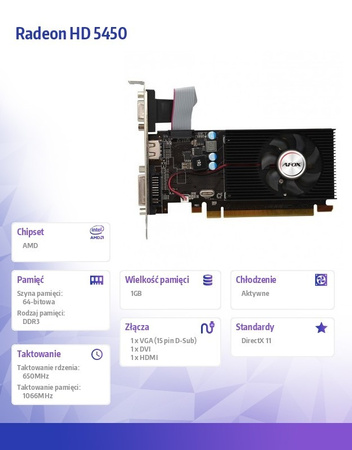 AFOX KARTA GRAFICZNA RADEON HD 5450 1GB DDR3 64BIT DVI HDMI VGA LP FAN L5