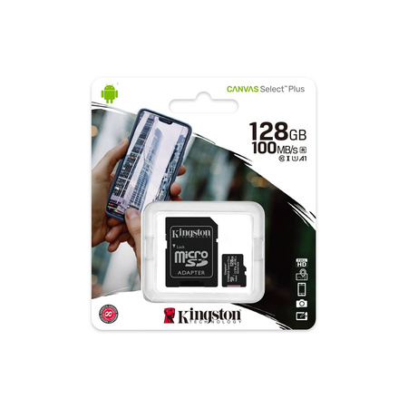 KINGSTON KARTA PAMIĘCI MICROSD 128GB CANVAS SELECT PLUS 100MB/S ADAPTER