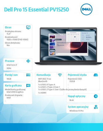 DELL LAPTOP DELL PRO 15 ESSENTIAL PV15250 W11P I7-1355U|16GB|512GB|INTEL UHD|FGRPR|WLAN+BT|15.6 FHD|BCKLKB|4C|65W|3YPS CARBON BLACK (PLASTIC)