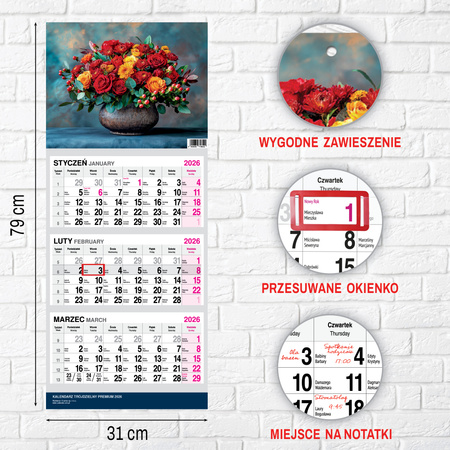 KALENDARZ WISZĄCY TRÓJDZIELNY O-PRESS ROK 2026 BUKIET