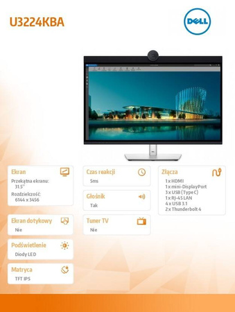 DELL MONITOR U3224KBA 31,5" IPS BLACK LED 6K 6144X3456/16:9/HDMI/MINIDP/USB-C/USB/THUNDERBOLT/KAMERA/SPEAKERS/MIKROFON/3Y