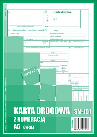 DRUK AKCYDENSOWY KARTA DROGOWA A5 NUMEROWANA A5 EMEKO 709 WP139 50 KART.