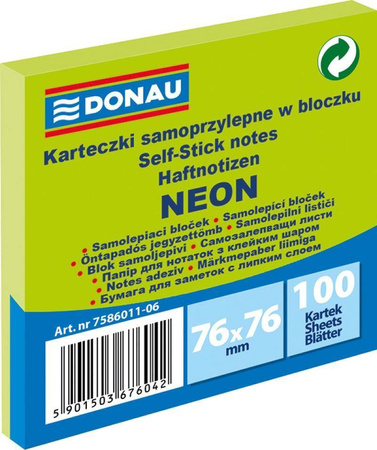 KARTECZKI SAMOPRZYLEPNE 76X76MM DONAU NEON ZIELONE 100KART