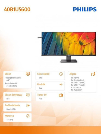 PHILIPS MONITOR 40 CALI 40B1U5600 IPS HDMI DP USB-C HAS GŁOŚNIKI
