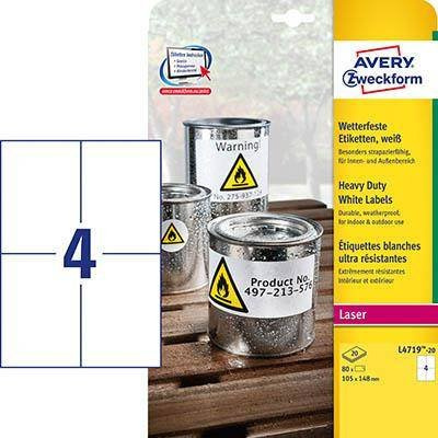 ETYKIETY ZEWNĘTRZNE 105X148MM OCHRONNE, ZABEZPIECZAJĄCE AVERY ZWECKFORM USUWALNE L4719REV-20 BIAŁE 20ARK*4SZT