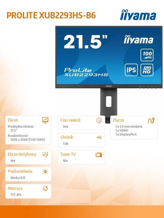 IIYAMA MONITOR 22 CALE XUB2293HS-B6 IPS,HDMI,DP,HAS(150MM)