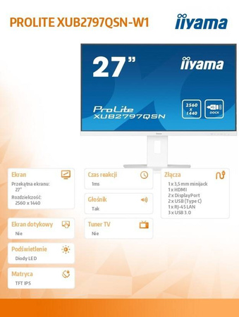 IIYAMA MONITOR 27 CALI XUB2797QSN-W1 IPS,QHD,USB-C DOCK 65W,HDMI, WHITE