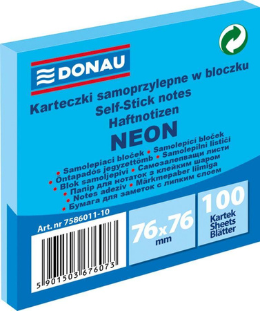 KARTECZKI SAMOPRZYLEPNE 76X76MM DONAU NEON NIEBIESKIE 100KART