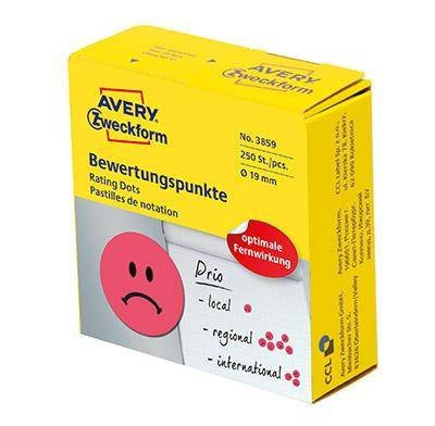 Etykiety samoprzylepne 19mm kółka "smutna buźka" do zaznaczania w dyspenserze AVERY ZWECKFORM w dyspenserze 3859 czerwone 250 szt
