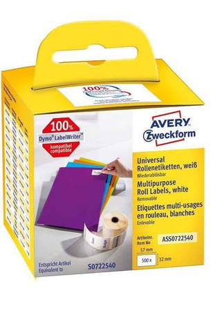 Etykiety samoprzylepne 32x57mm uniwersalne, do czasowego etykietowania AVERY ZWECKFORM usuwalne, w rolce do druk. term. ASS0722540 białe 500 szt