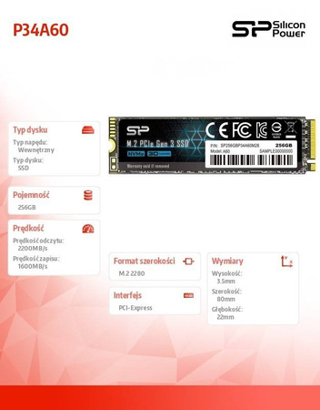 SILICON POWER DYSK SSD A60 256GB M.2 PCIE 2200/1600 MB/S NVME
